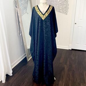 Vintage 90s Ethereal Black Satin Floral Design Gold Beaded Kaftan Maxi Dress OS